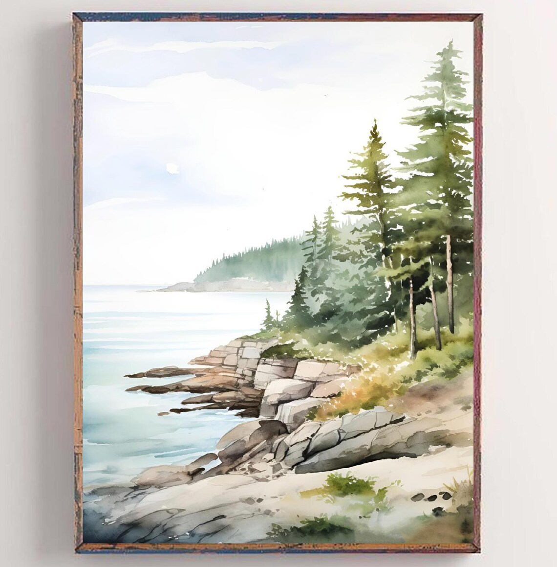 Lake Michigan North Shore Pine Rocky Shoreline Watercolor Poster