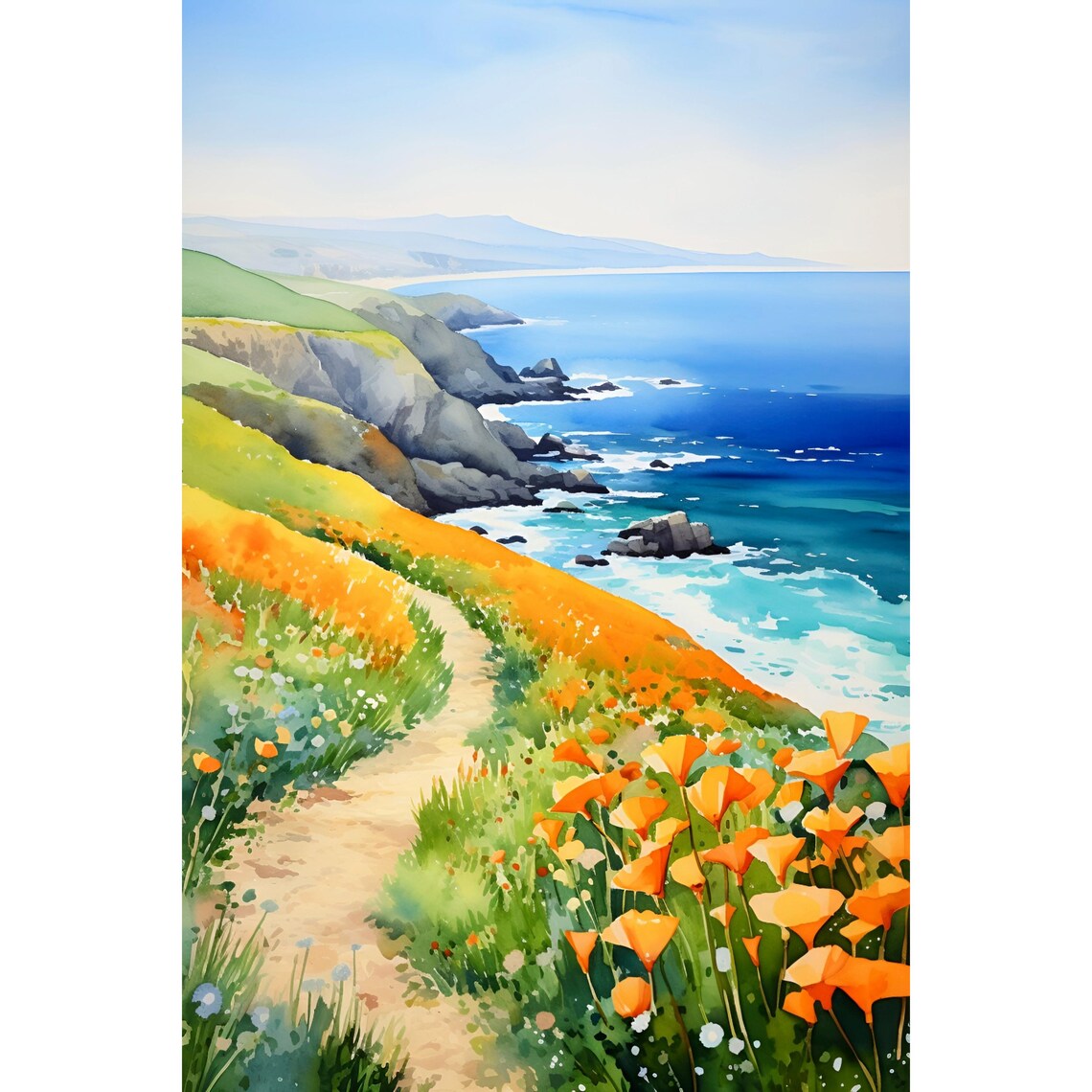 Diamond Lake Watercolor Art Print, California Poppies