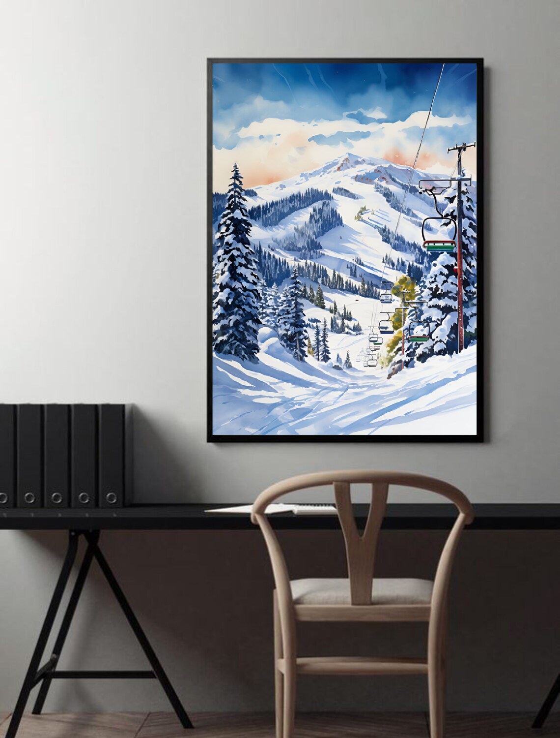 Diamond Peak Nevada Ski Resort Chairlift Snow Watercolor Poster - Image 3