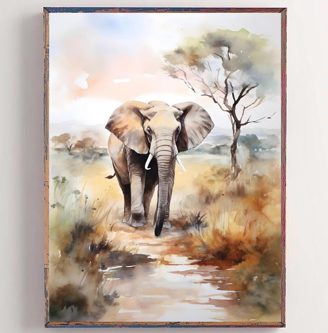 African Landscape Elephant Watercolor Art Print