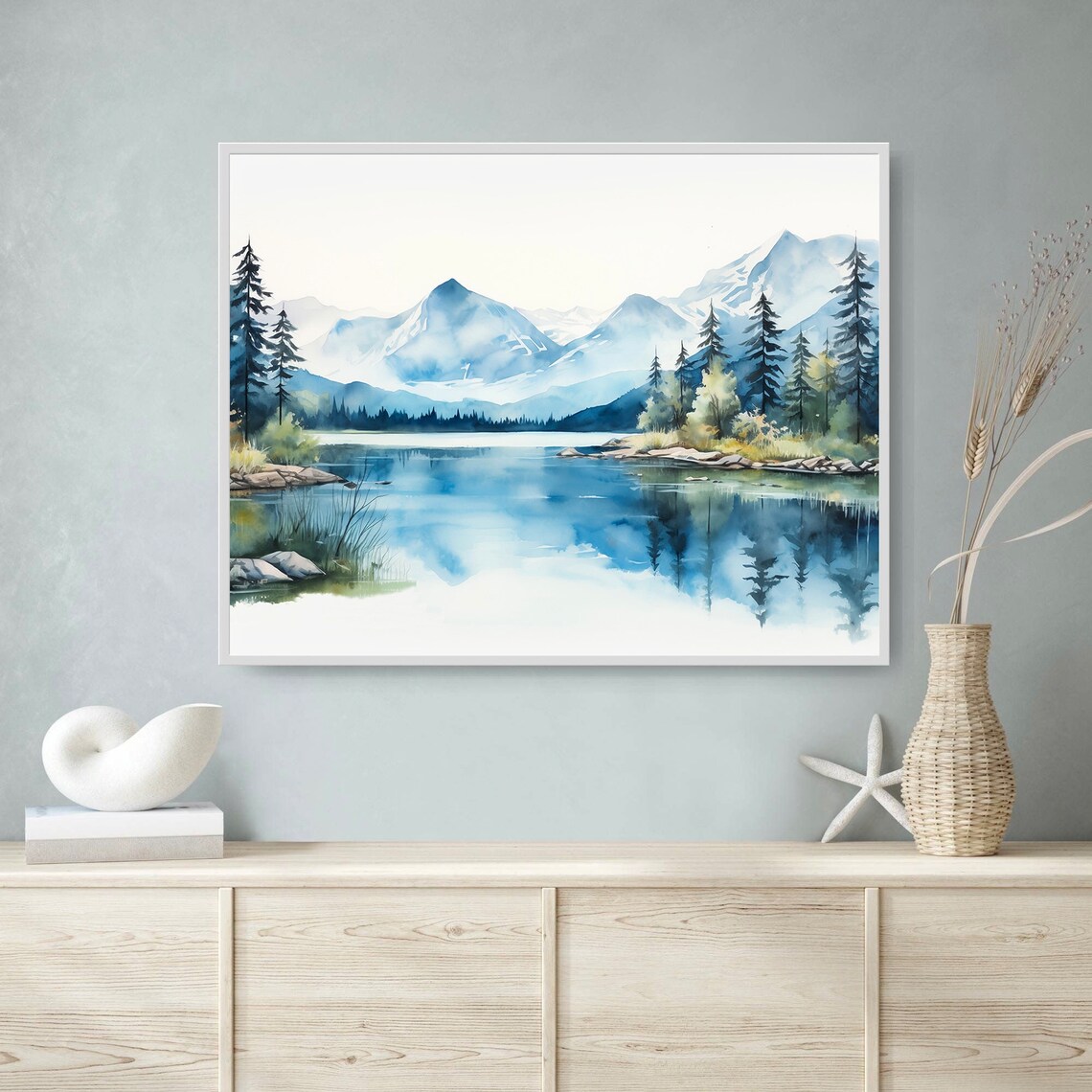 Alpine Mountain Lake Snow Peaks Pine Reflection Watercolor Poster - Image 3