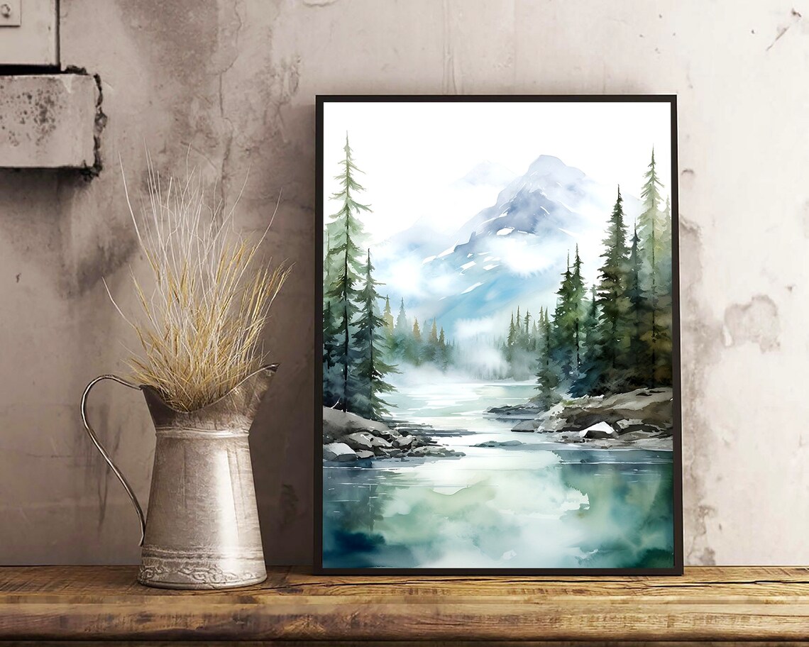Mountain Forest Lake Minimalist Wall Art Print - Image 3