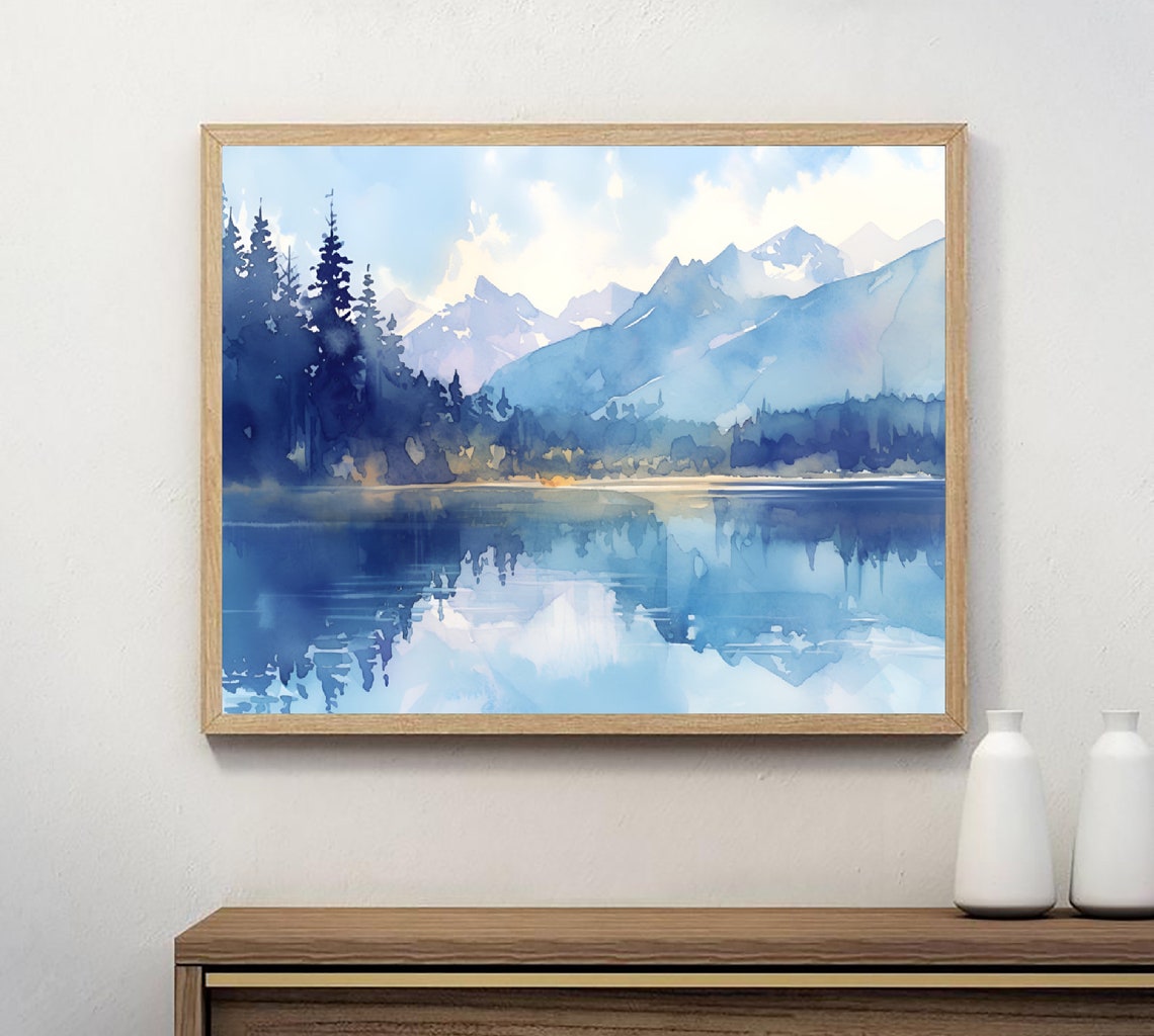 Blue Misty Mountain Lake Reflection Pine Forest Watercolor Poster - Image 2