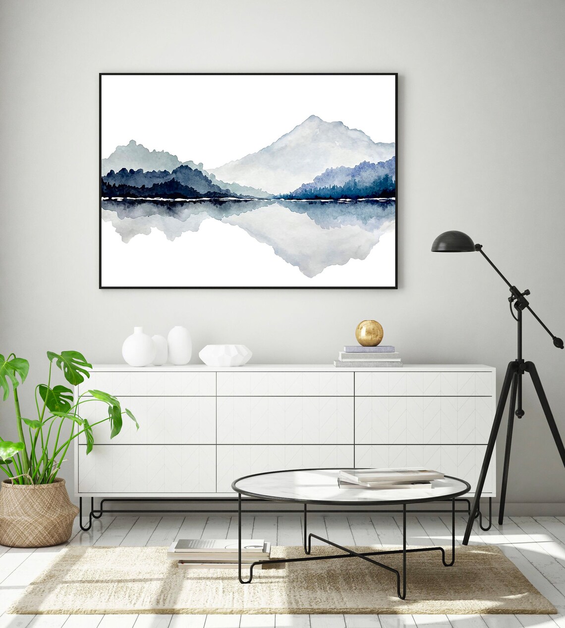 Minimalist Blue Mountain Lake Reflection Gray Watercolor Art Poster - Image 3