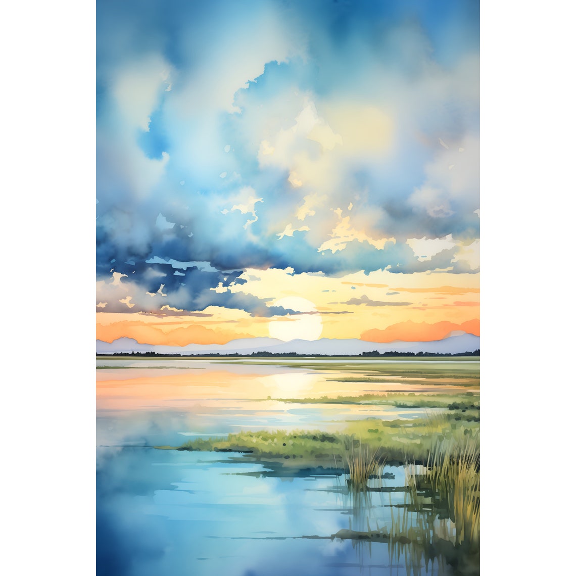 Nebraska Sunrise Lake Dramatic Cloudy Sky Watercolor Landscape Poster
