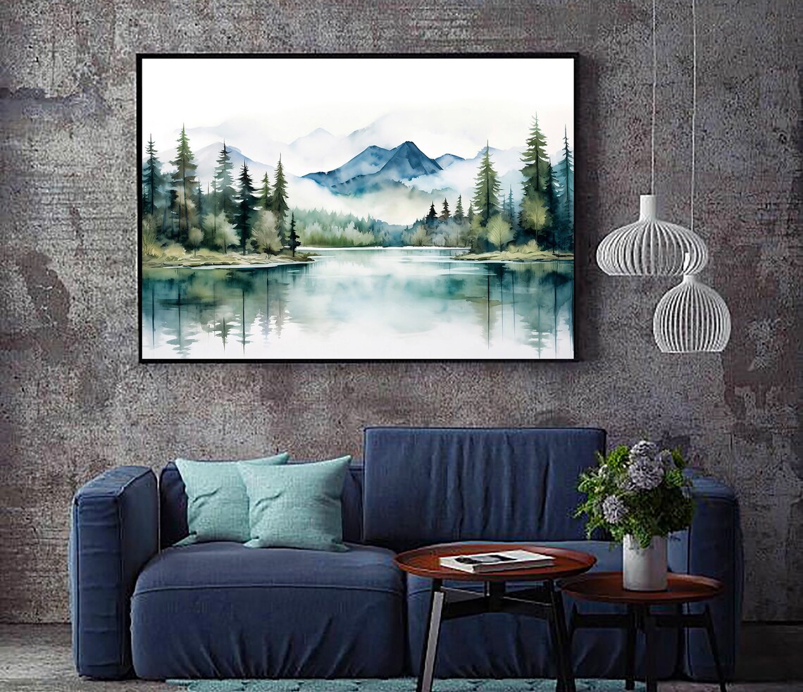 Misty Mountain Lake Pines Mirror Reflection Watercolor Poster - Image 4