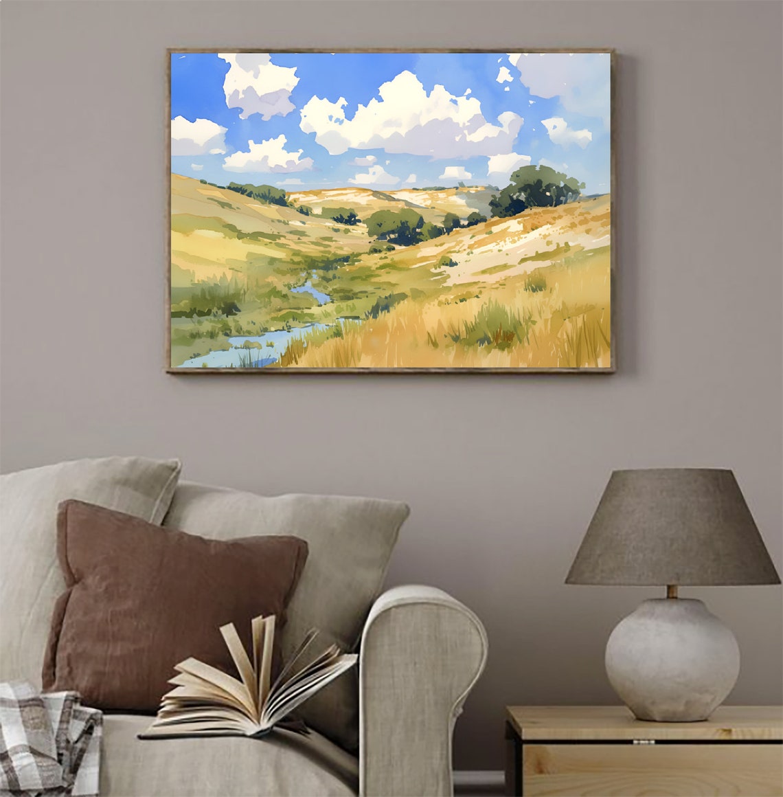 Nebraska Sand Hills Rolling Prairie Creek Watercolor Panoramic Poster - Image 3