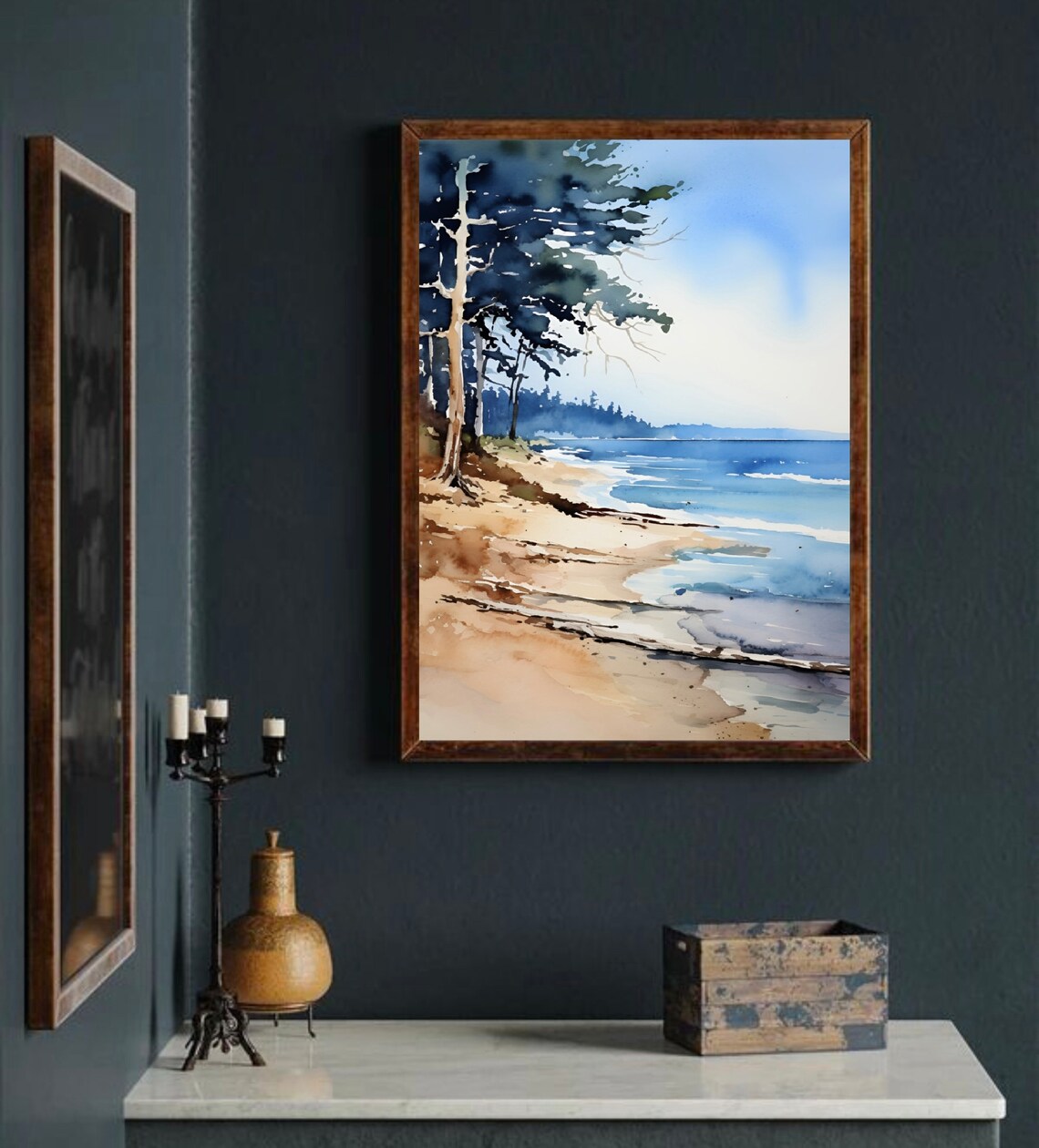 Sandy Pine Beach Ocean Waves Tall Trees Coastal Watercolor Art Poster - Image 4