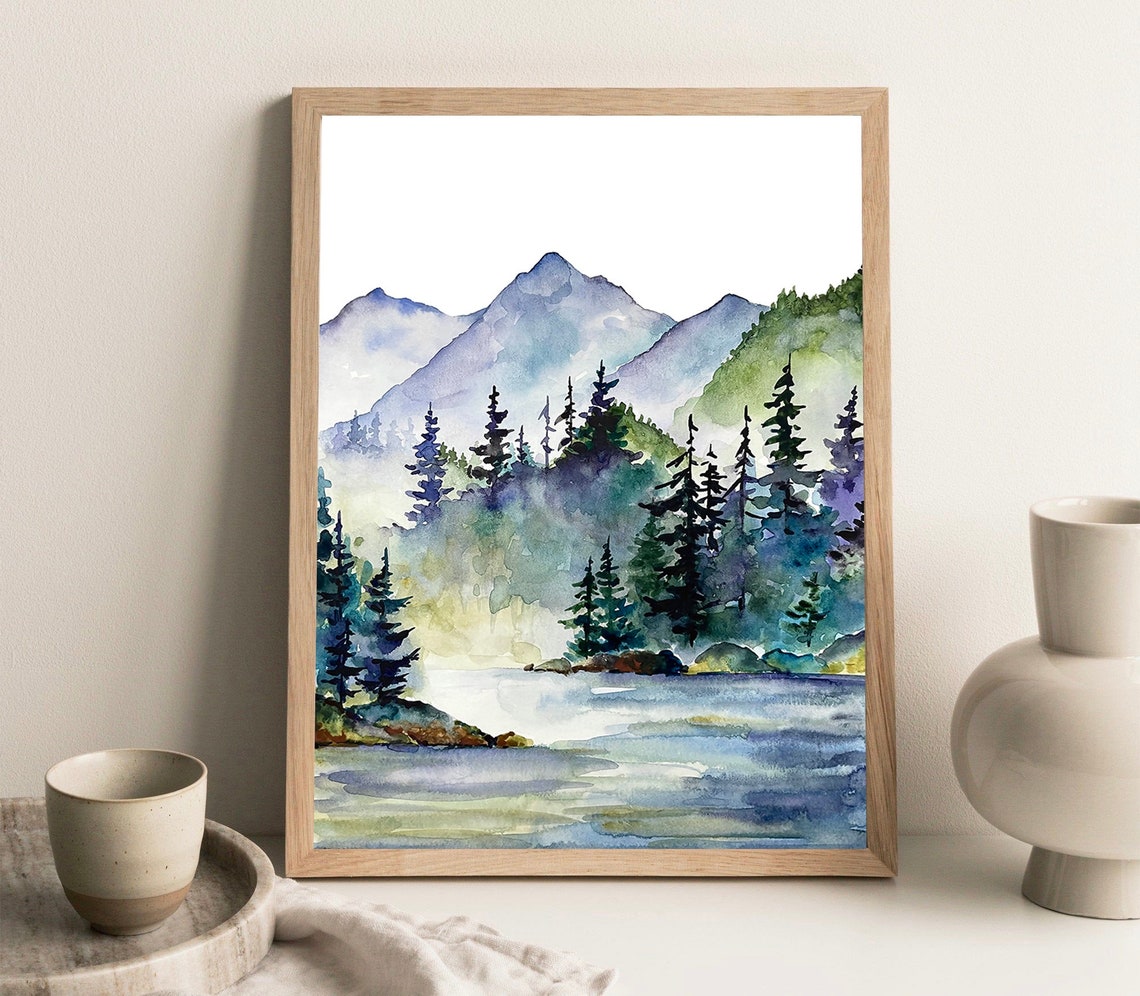Misty Blue Mountain Lake Pine Forest Watercolor Calm Art Poster - Image 2