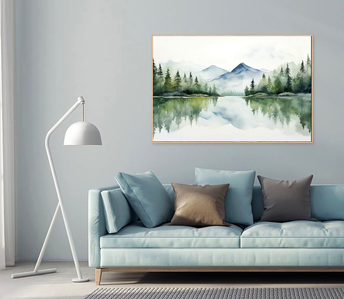 Misty Mountain Lake Reflection Watercolor Forest Landscape Poster - Image 4