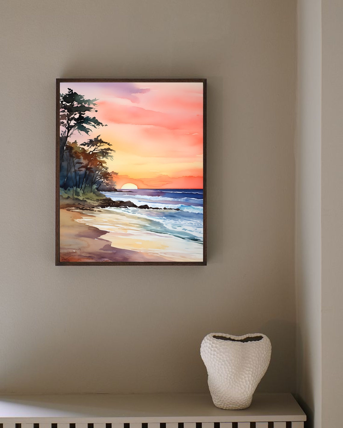 Tropical Beach Sunset Ocean Waves Golden Sky Watercolor Poster - Image 2