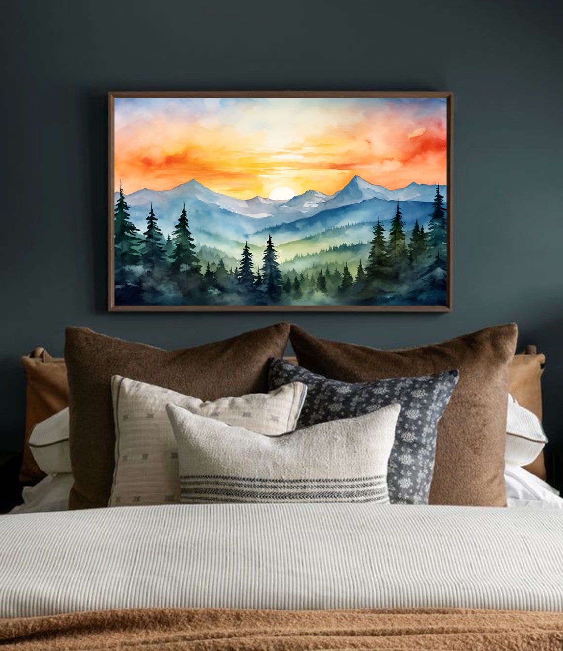 Rocky Mountain Sunrise Misty Pine Forest Peaks Watercolor Poster - Image 4