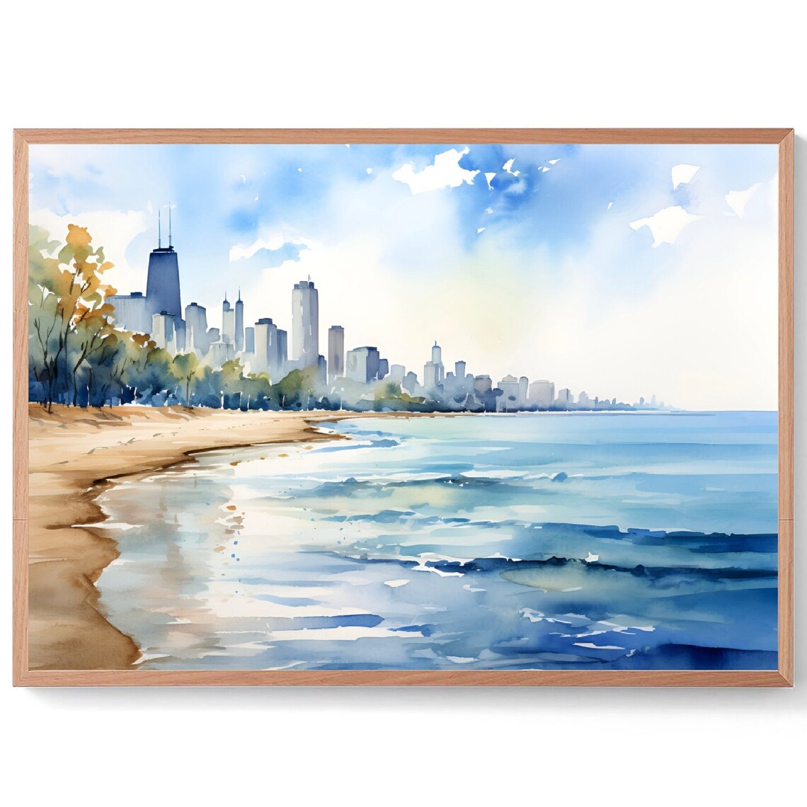Ohio Street Beach Watercolor Art Print, Chicago Travel Poster