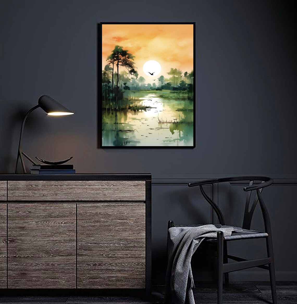 Misty Wetland Sunrise Big Sun Birds Watercolor Morning Scene Poster - Image 3