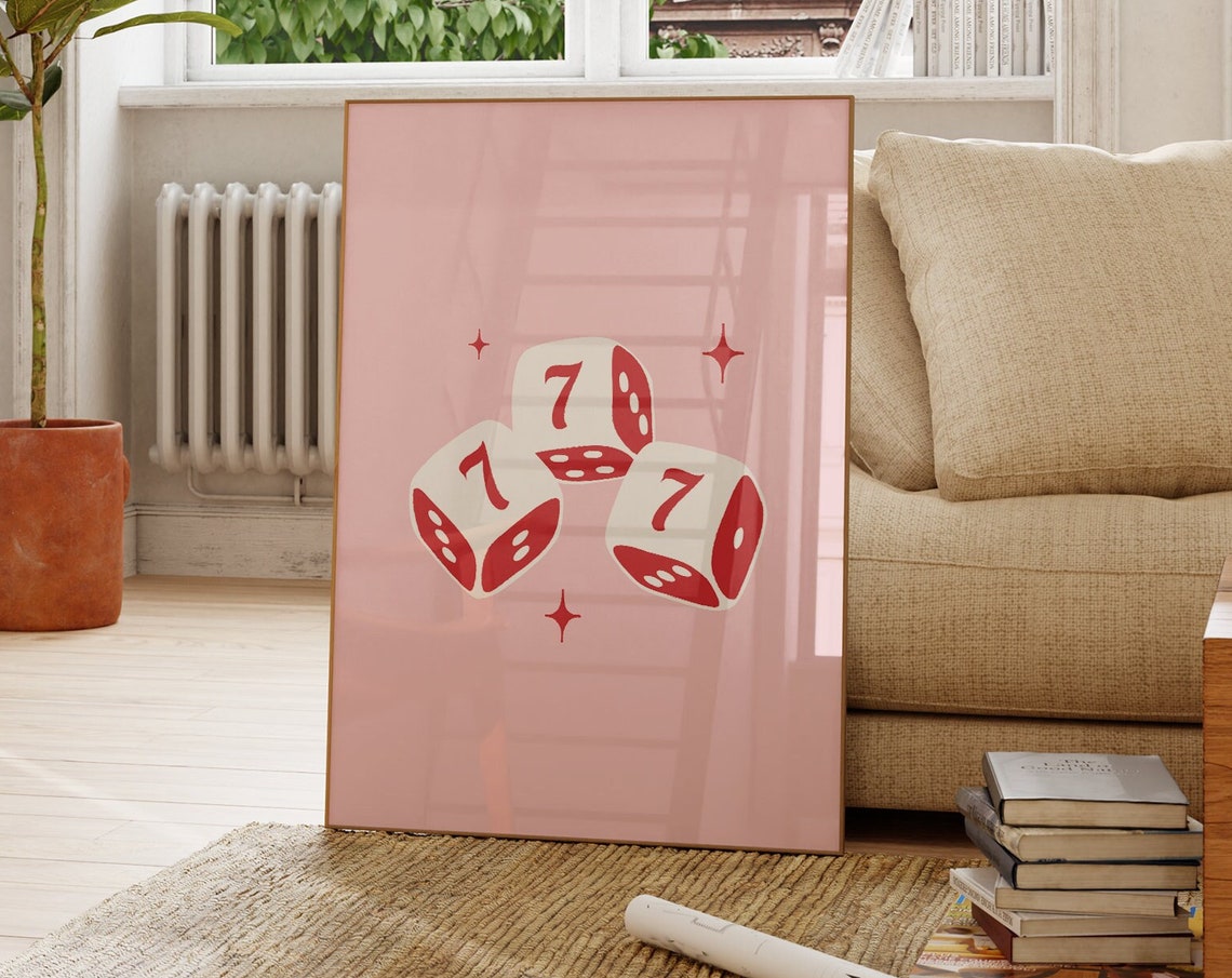 Retro Lucky Seven Dice Red Sparkles Blush Pink Fun Decor Poster