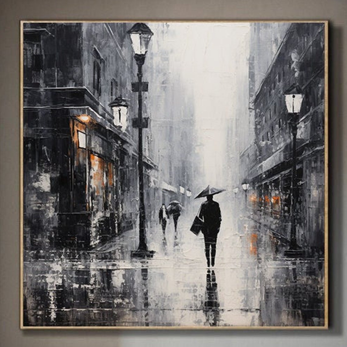 Rainy City Street Umbrella Figure Black White Monochrome City Poster