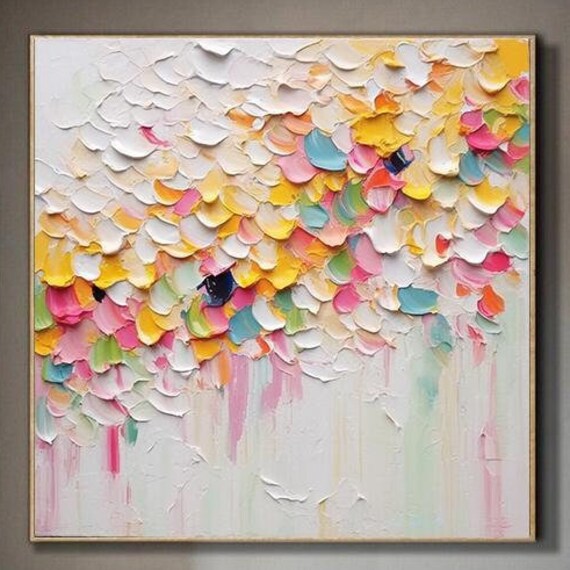 Modern Handmade Multicolor Patels Painting Impasto Heavy Texture Art Pink Yellow White Large Original Colorful Abstract Wall Art Home Decor