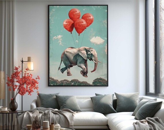 Elephant With Red Balloons Art Whimsical Animal Canvas Surreal Pop Poster Dreamy Wall Decor Fantasyinspired Ready To Hang