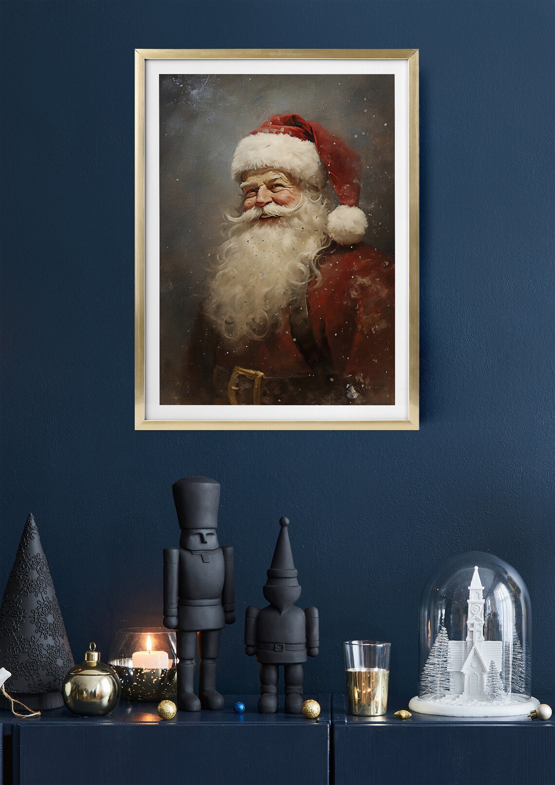 Vintage Santa Claus Smiling Portrait Red Hat Snowy Oil Painting Poster - Image 3