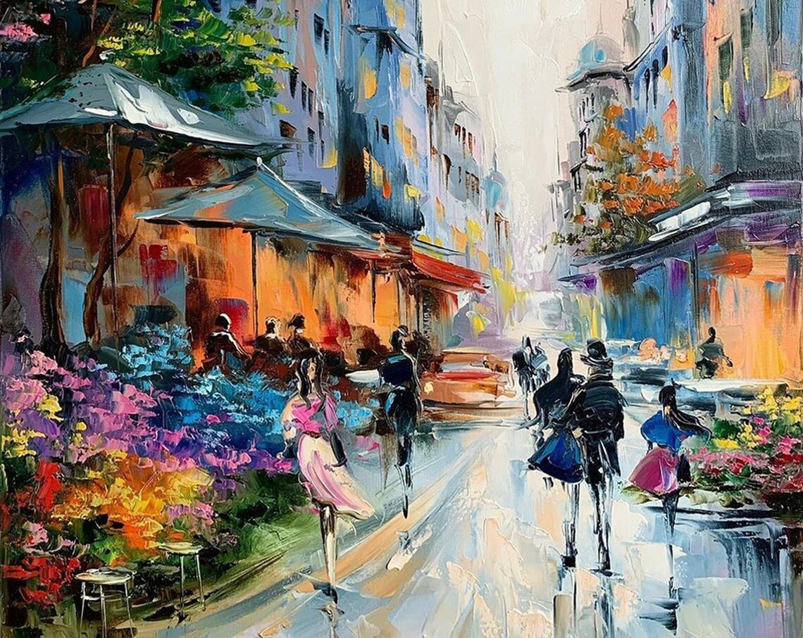 Large Paris Oil Painting Original Paris Street Scene Painting Romantic Paris Cafe Art Paris Flower Market Artwork Romantic Couple Wall Art - Image 3