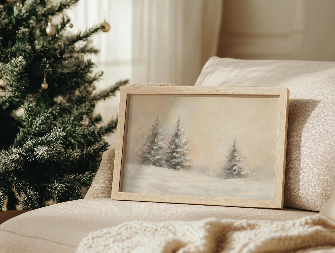 Snowy Pine Trees Winter Poster Neutral Beige Landscape Holiday Decor - Image 3