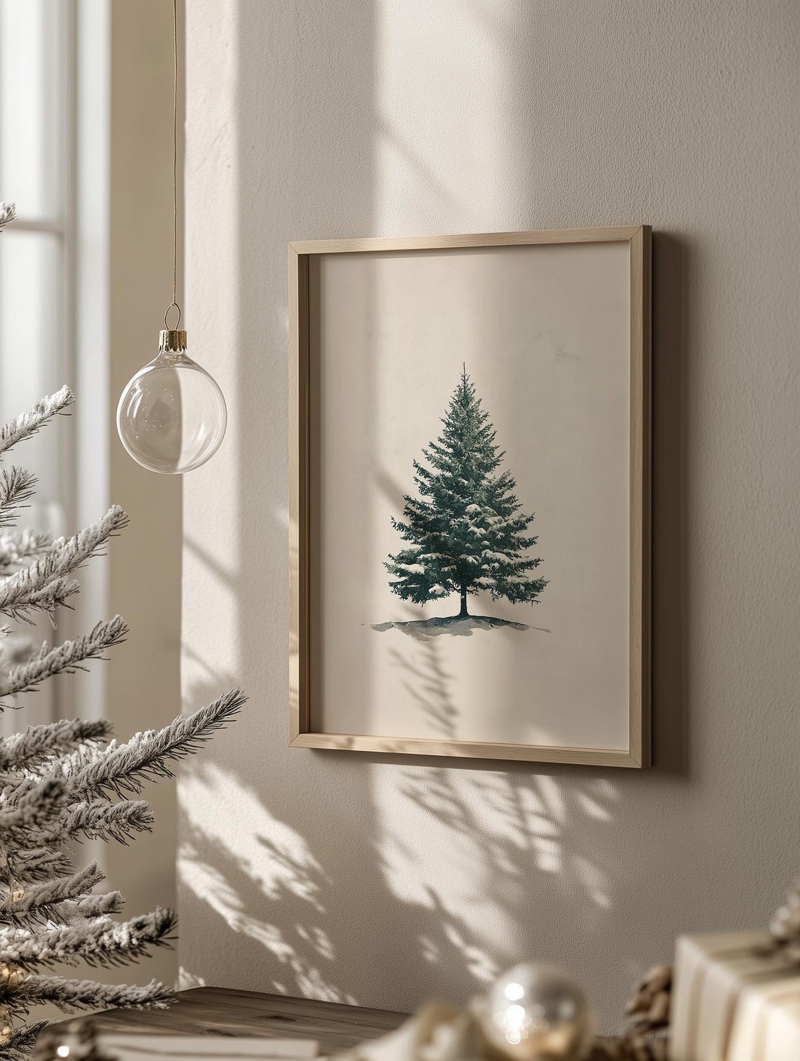 Snowy Evergreen Tree Poster Vintage Botanical Beige Winter Decor - Image 3