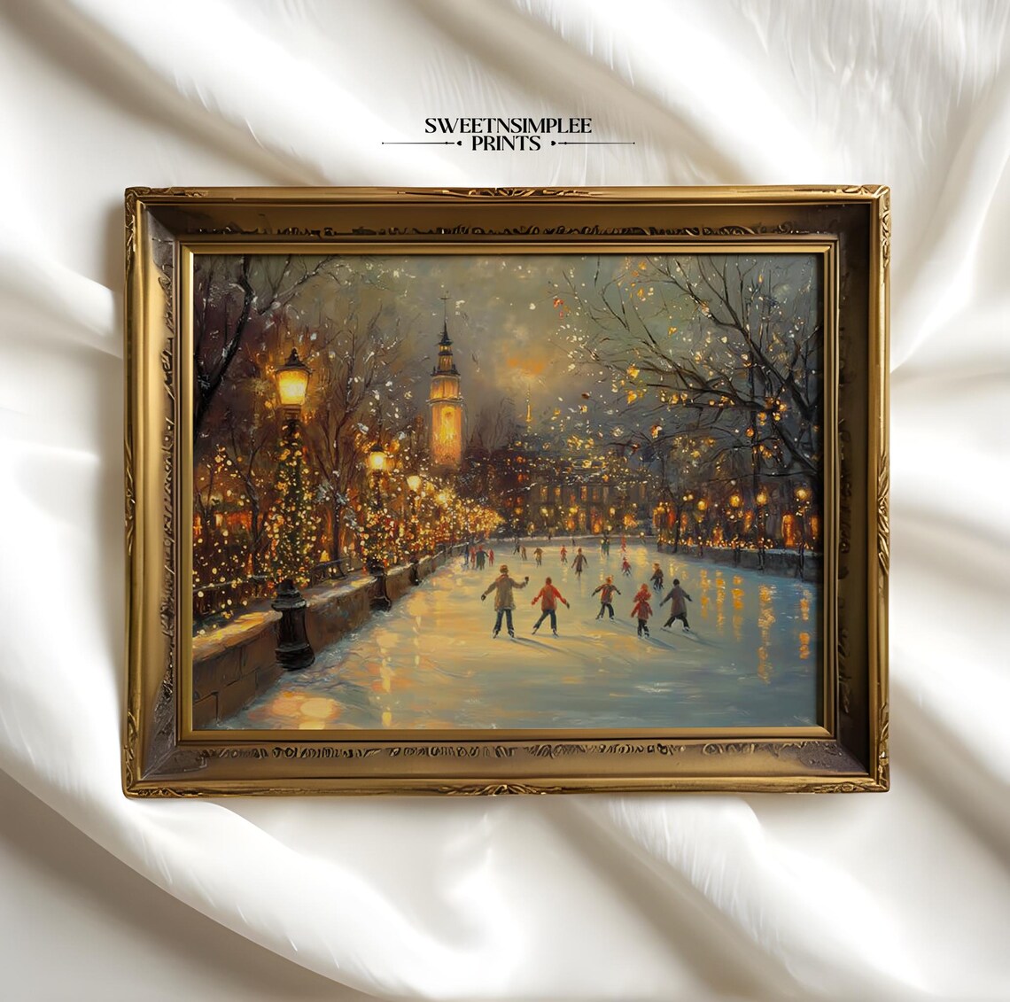 Winter Ice Skating Scene Poster Vintage City Lights Holiday Painting - Image 2