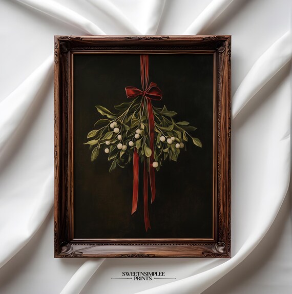 Mistletoe With Red Ribbon And White Berries Moody Botanical Poster