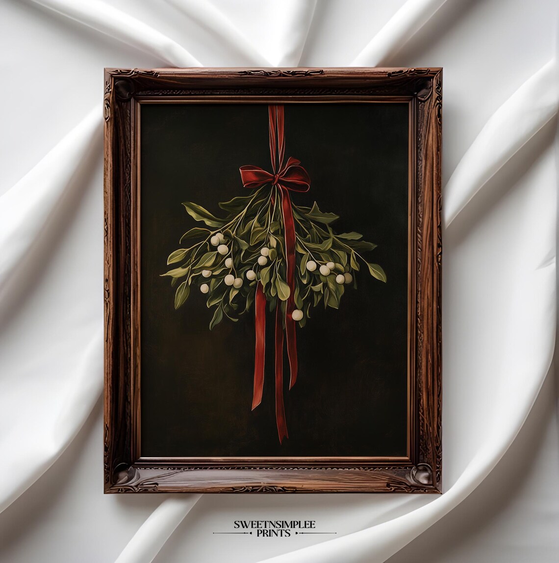 Mistletoe With Red Ribbon And White Berries Moody Botanical Poster