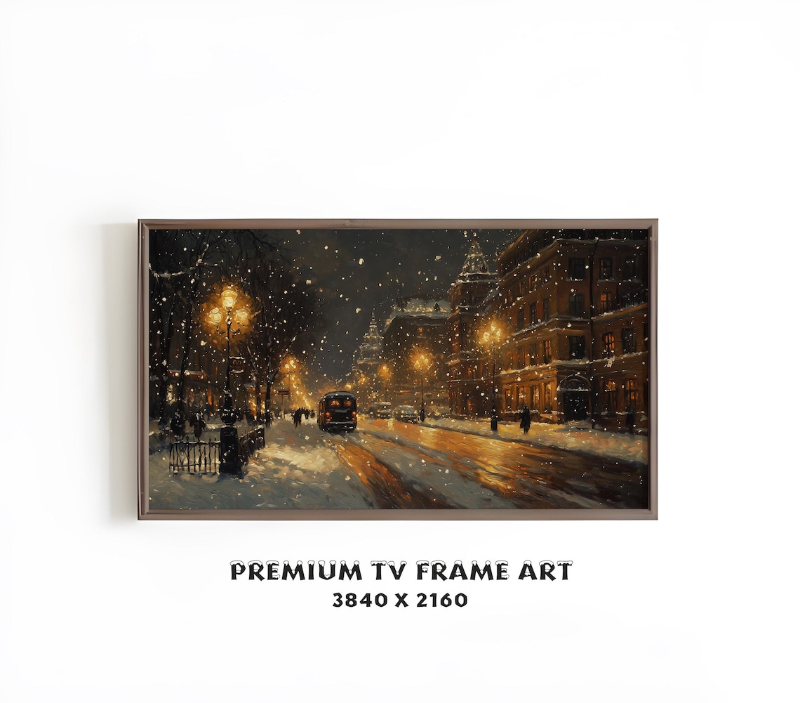 Snowy Night City Street Glowing Lamps Vintage Winter Scene TV Wall Art