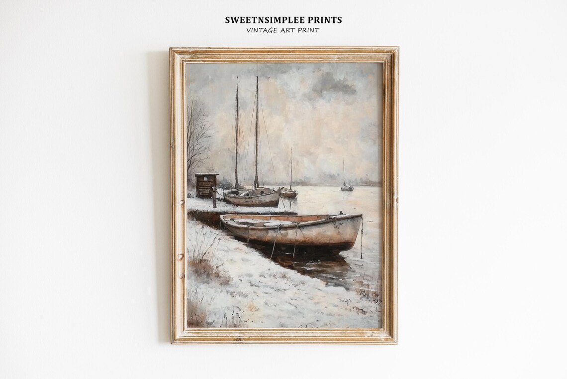 Moody Winter Lakeshore Boats Snowy Shore Gray Coastal Scene Wall Art