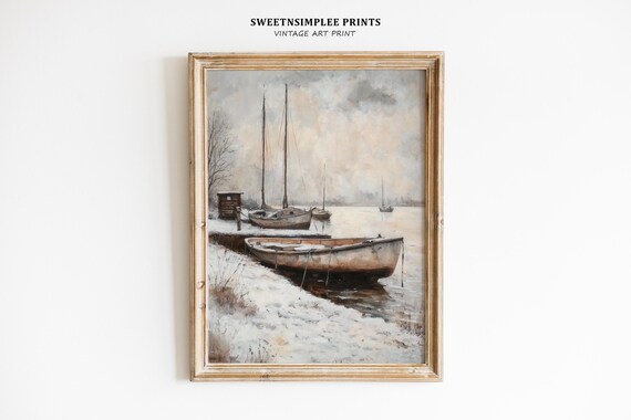 Moody Winter Lakeshore Boats Snowy Shore Gray Coastal Scene Wall Art