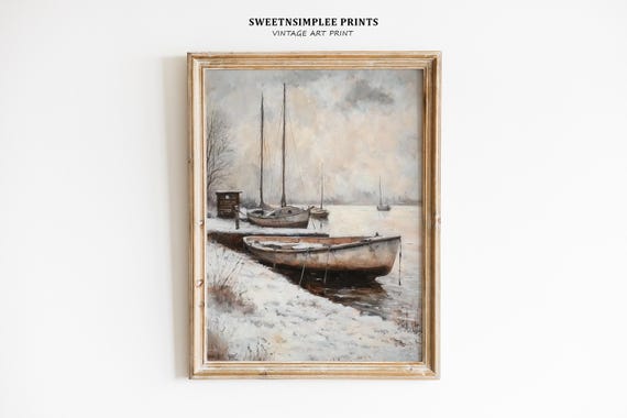 Winter Lakeshore Boat Wall Art Print Moody Coastal Landscape Artwork Snow Covered Shore Muted Tones Lake View Decor