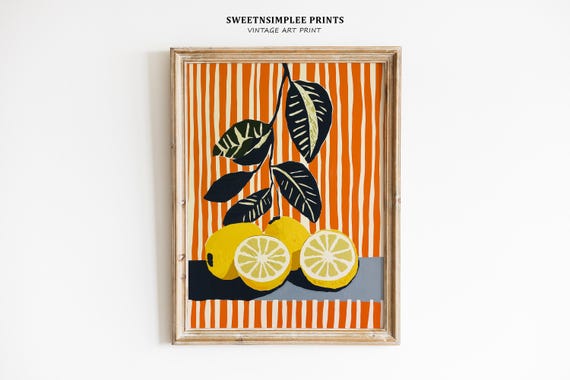 Lemons Art Print Modern Lemon And Stripes Wall Aart Cute Yellow Kitchen Dcor Fresh Fruit 581