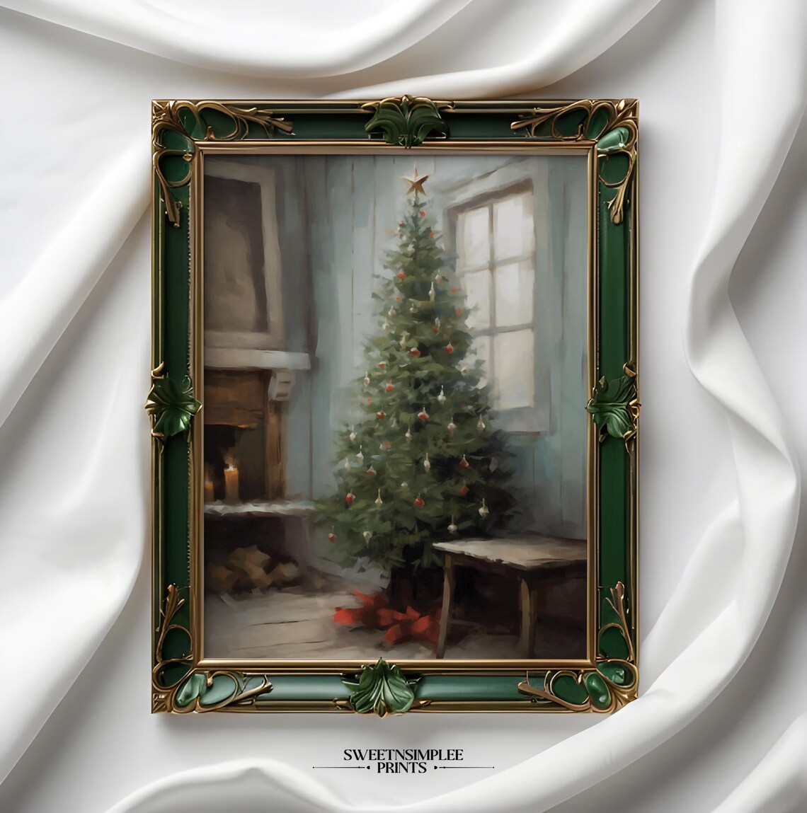 Vintage Christmas Tree Oil Painting Poster Cozy Fireplace Holiday Decor - Image 2