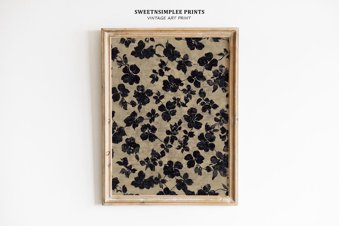 Neutral Black Botanical Floral Pattern Beige Linen Minimalist Wall Art