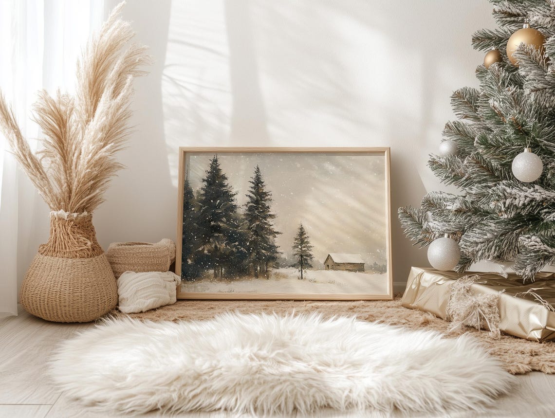 Snowy Forest Pines And Rustic Cabin Winter Landscape Vintage Poster - Image 3