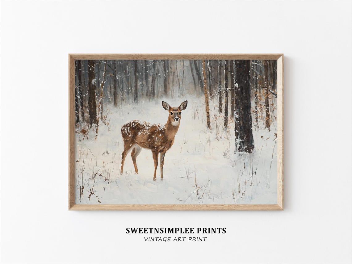 Vintage Deer in Snowy Forest Winter Wildlife Antique Style Wall Art - Image 2