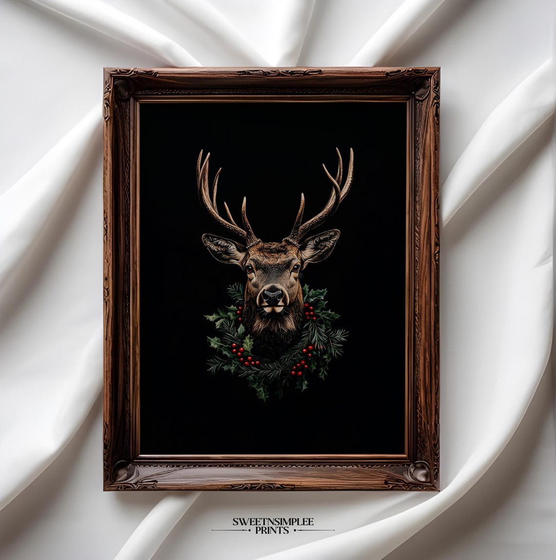 Stag Head With Holly Wreath On Black Moody Christmas Art Poster