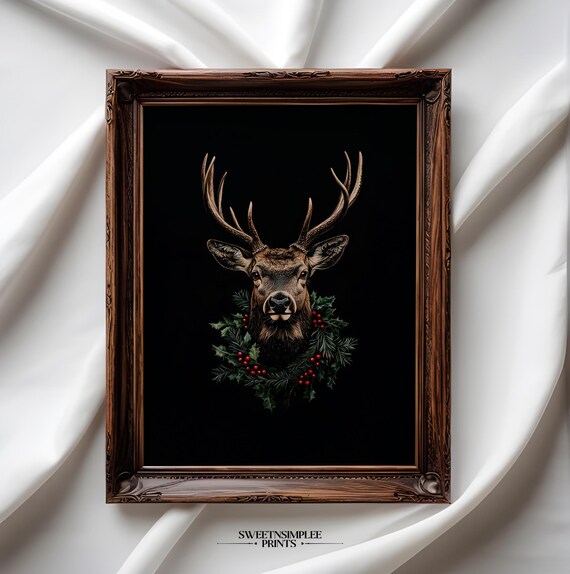 Stag Head With Holly Wreath On Black Moody Christmas Art Poster