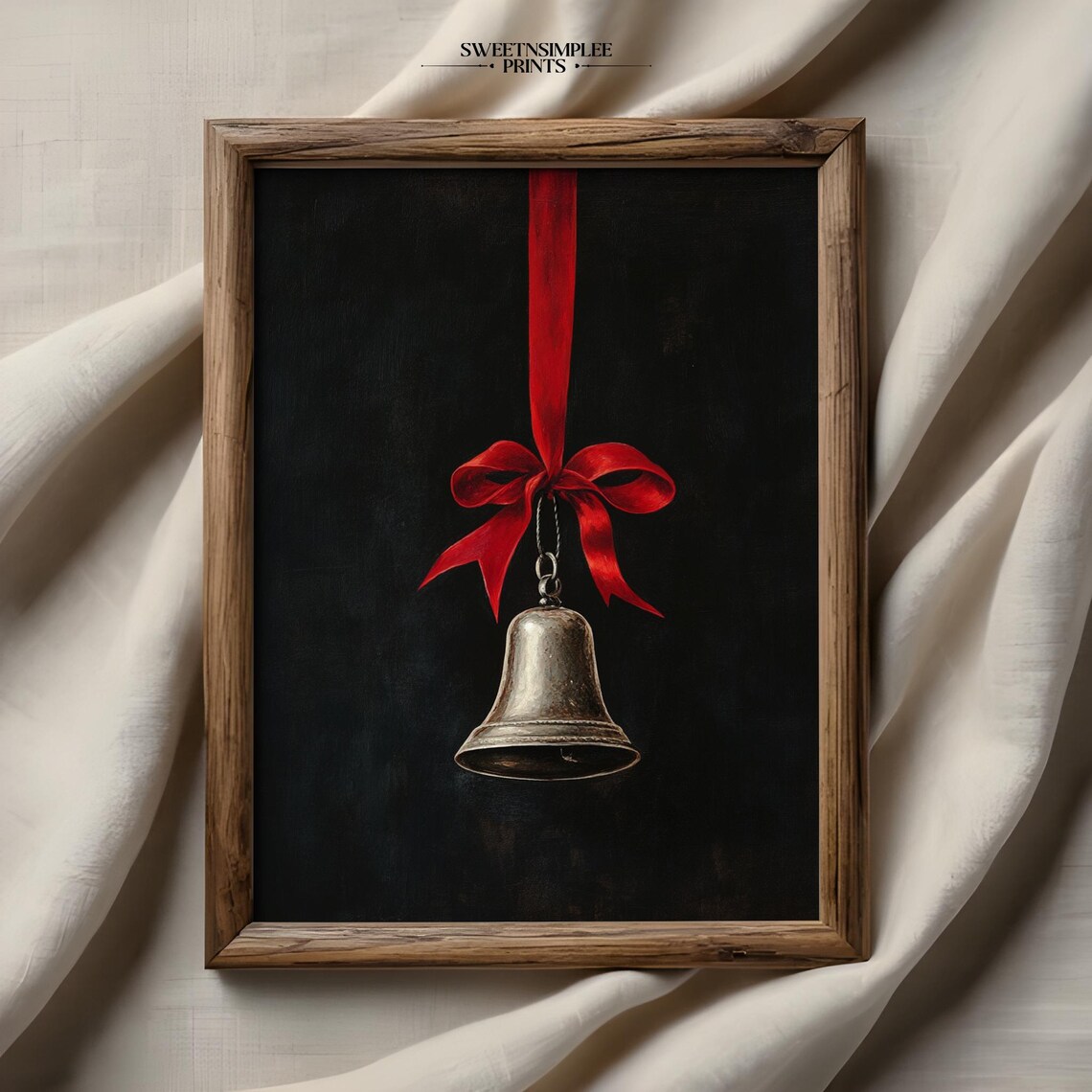 Antique Brass Bell Red Ribbon Poster Moody Dark Christmas Decor - Image 2