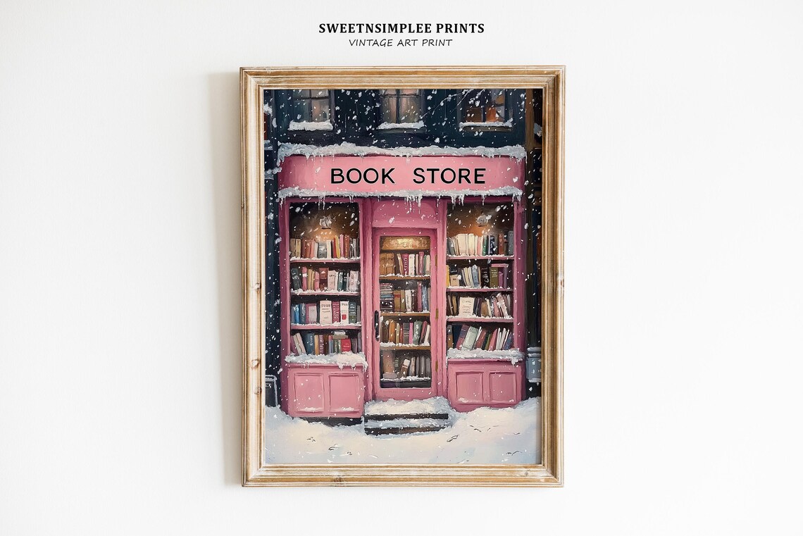 Pink Bookstore in Snow Poster Cozy Winter Bookshop Holiday Decor - Image 2