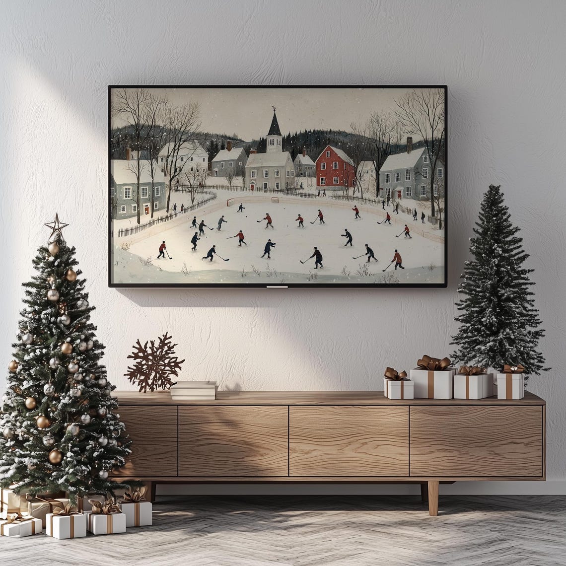 Vintage Village Christmas Tv Art Winter Town Hockey Landscape Painting Holiday Screensaver For Frame Tv Festive Decor - Image 3