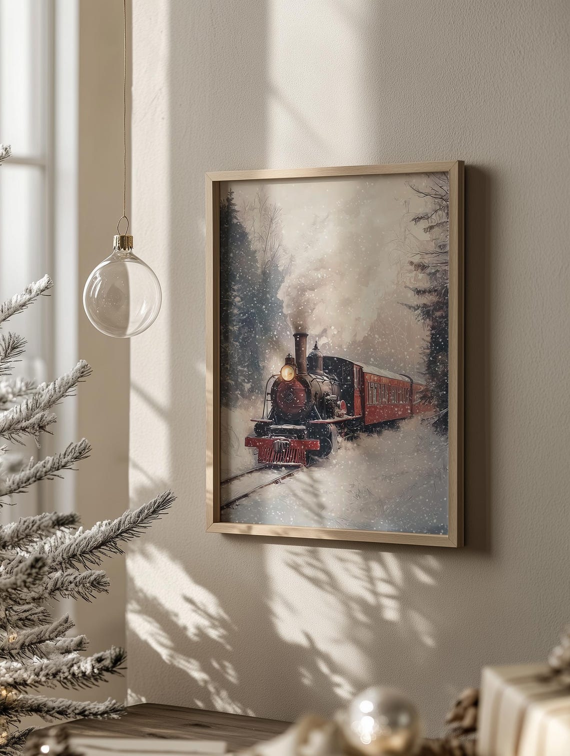 Vintage Red Steam Train Crossing Snowy Forest Winter Scene Poster - Image 3