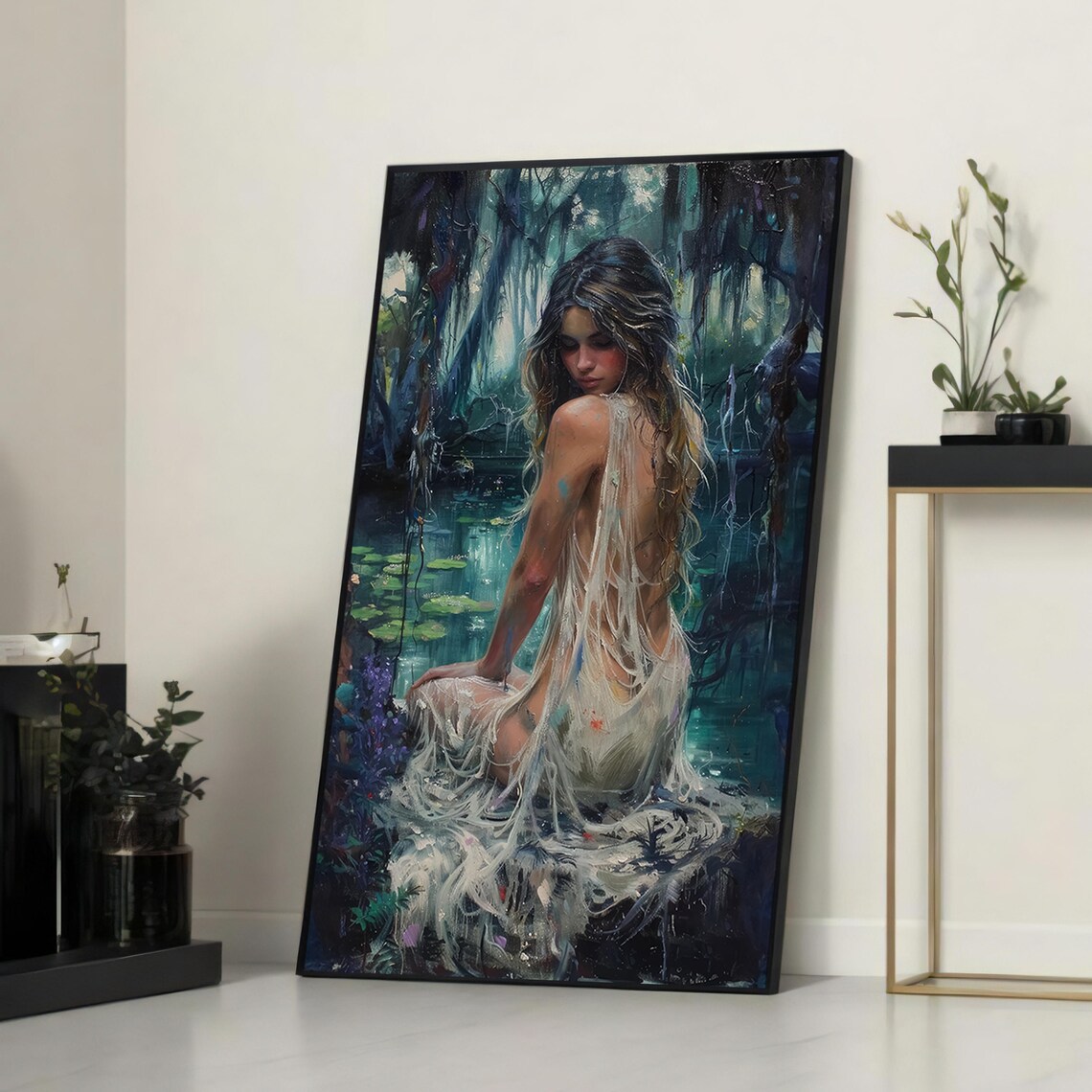 Mystical Woman By Forest Lake, Ethereal Wall Art Print