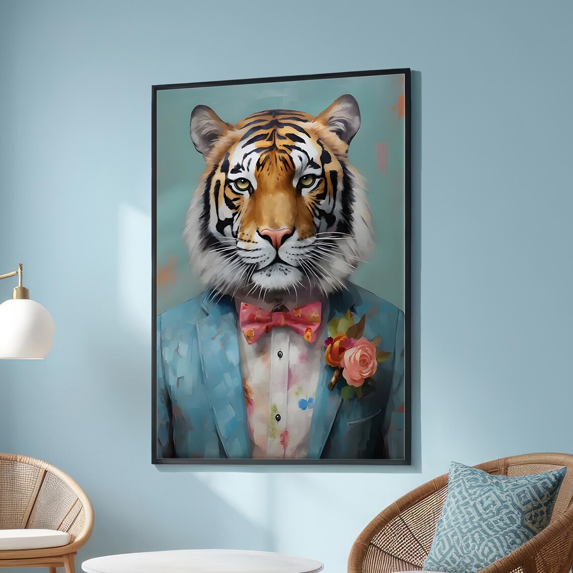 Anthropomorphic Tiger in Blue Suit, Surreal Portrait