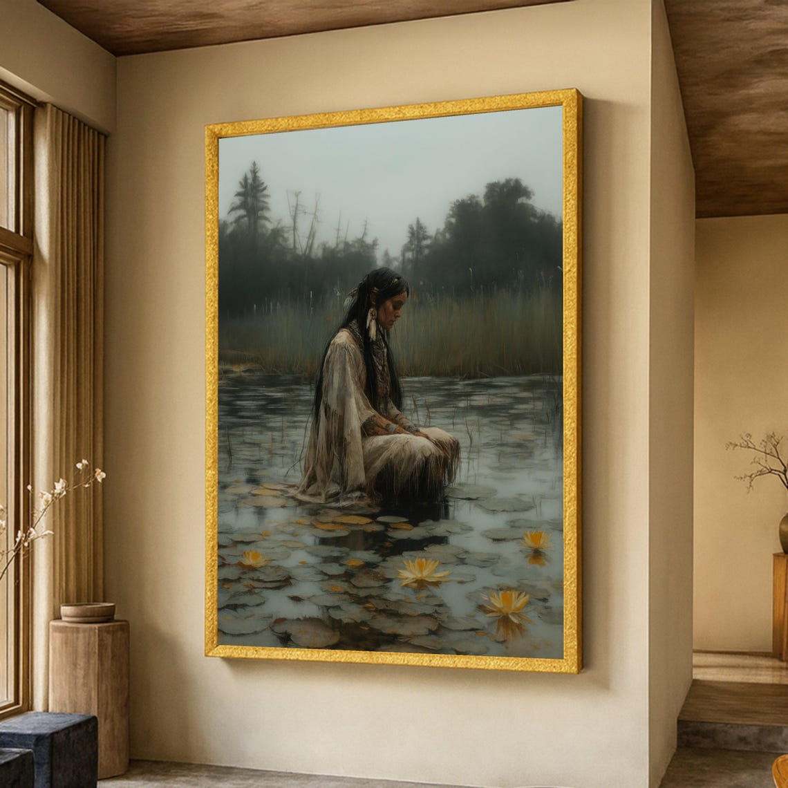 Native Woman Water Lilies Art Print Tranquil Ethnic Portrait
