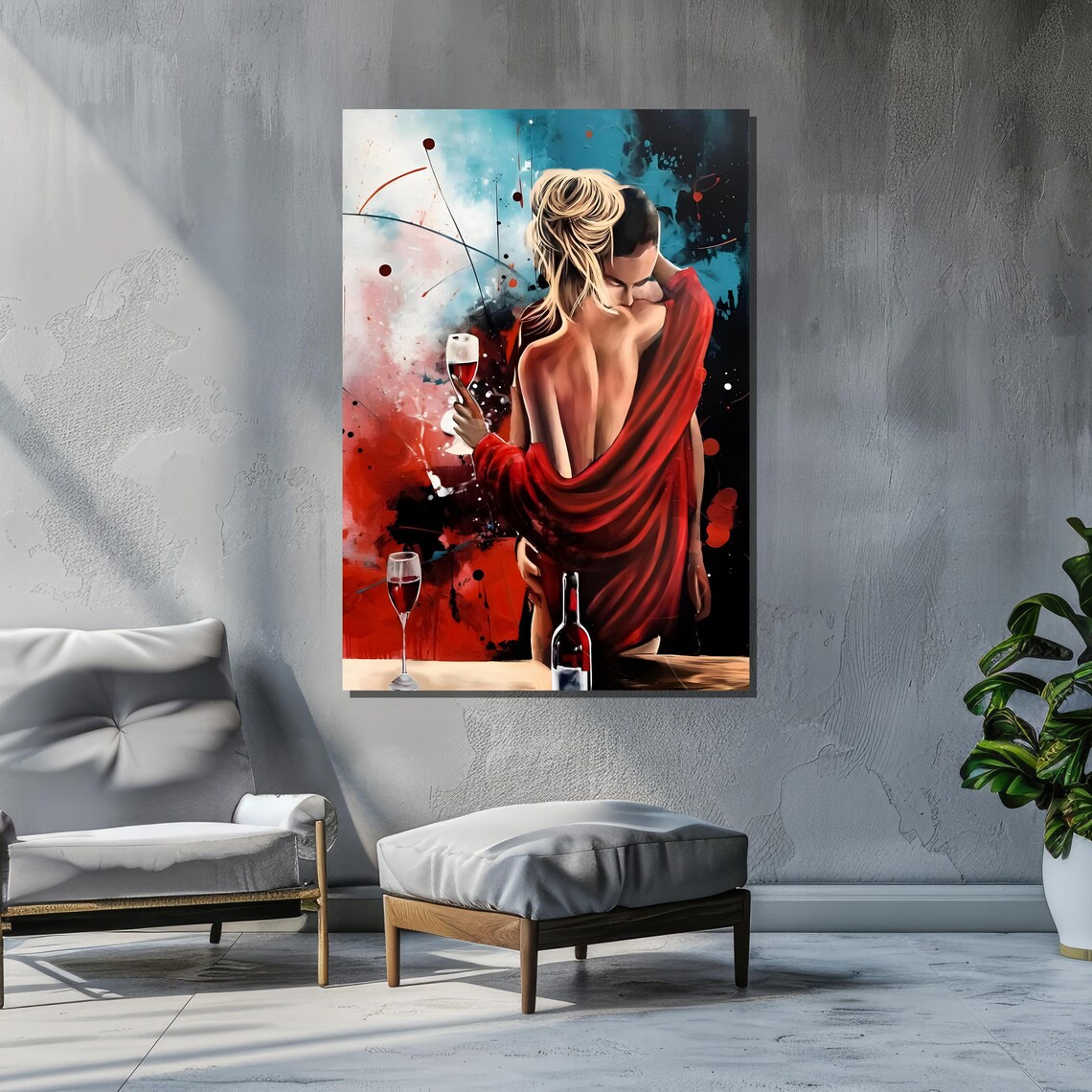 Romantic Couple In Red, Abstract Lovers Art Print - Image 2