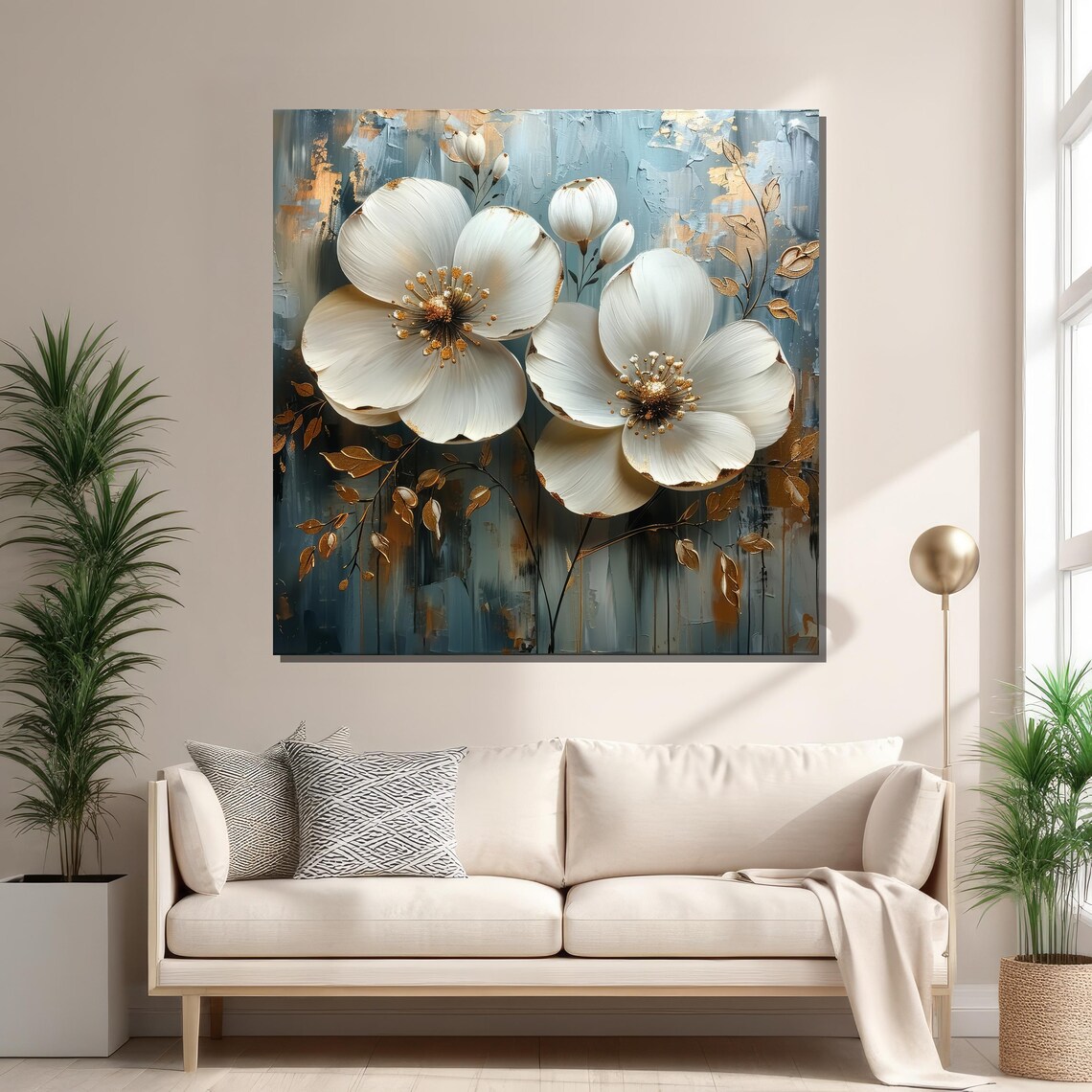 Elegant White Floral Art, Gold Accented Decor - Image 2
