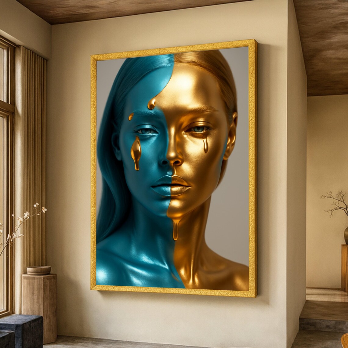 Blue And Gold Face Paint Portrait Art Print